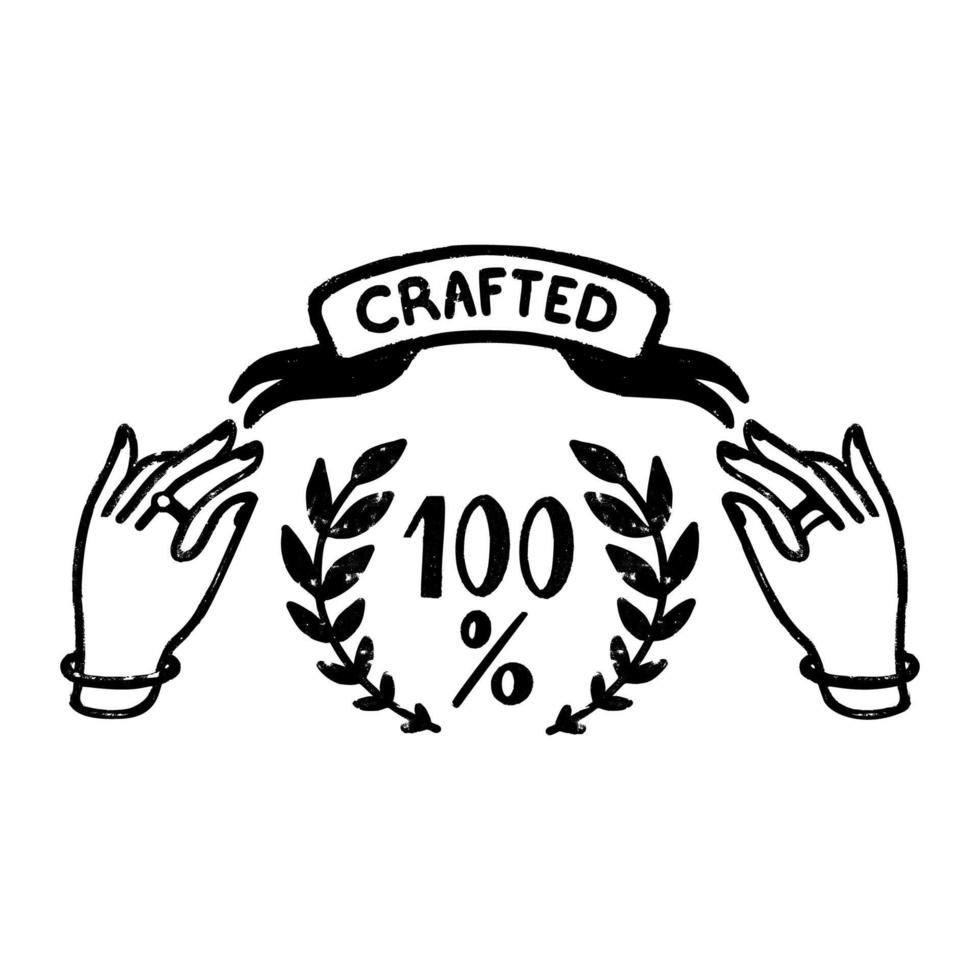 100 percent vector logo - a vintage handmade badge with hands and ribbon in stamp style. Vintage vector illustration.