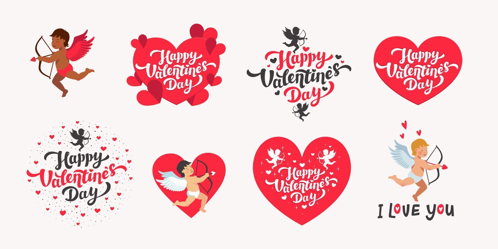 feliz día de san valentín conjunto de vectores. cotizaciones del día del amor y letras con corazones y cupidos fondo blanco. ilustración vectorial vector