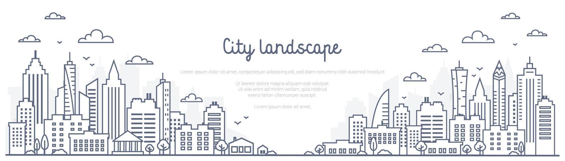 Cityscape line panorama - urban landscape in linear style on white background. Thin line vector illustration.