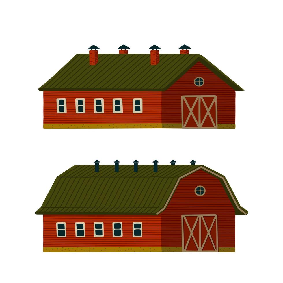 Red barns set. Wooden red Barn houses or stables in rustic retro style. vector