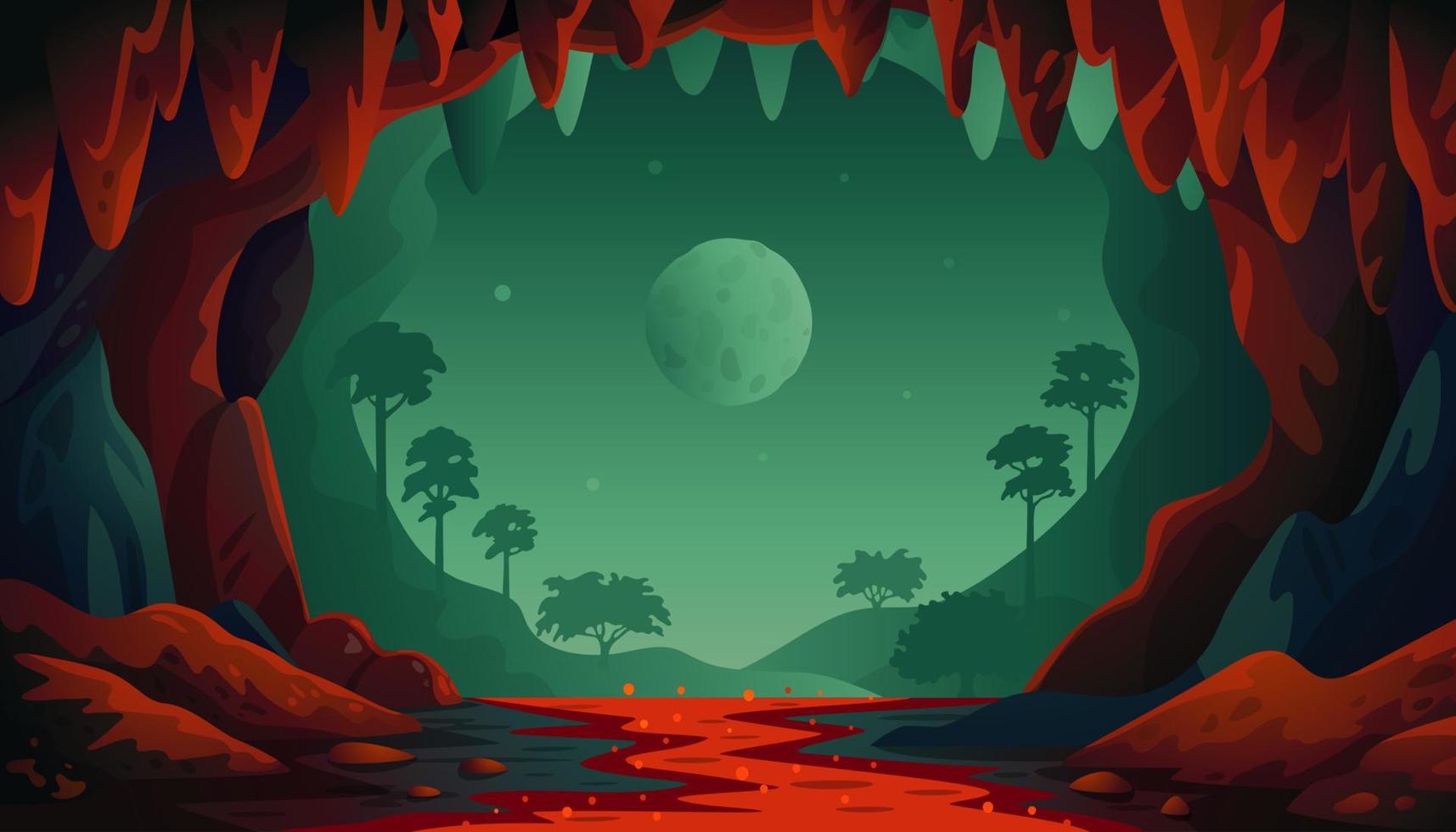 paisaje vectorial de la selva. paisaje de cuevas con un río rojo subterráneo y un bosque. ilustración vectorial en estilo de dibujos animados plana vector