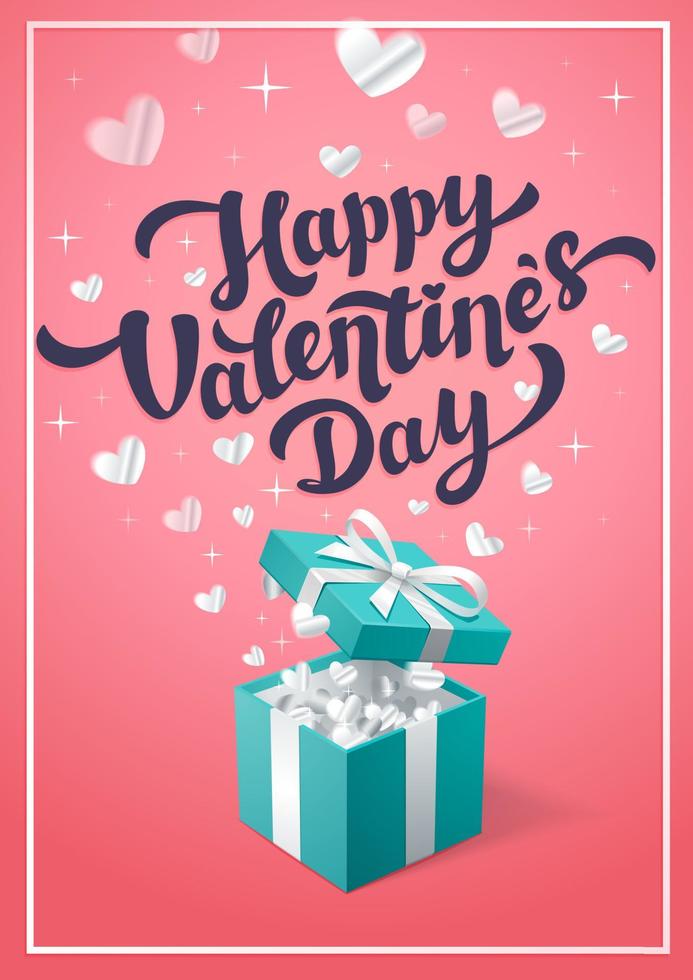 feliz tarjeta de felicitación del día de san valentín - tarjeta vectorial del día del amor o afiche con caja de regalo roja y cupidos en las nubes. ilustración vectorial vector