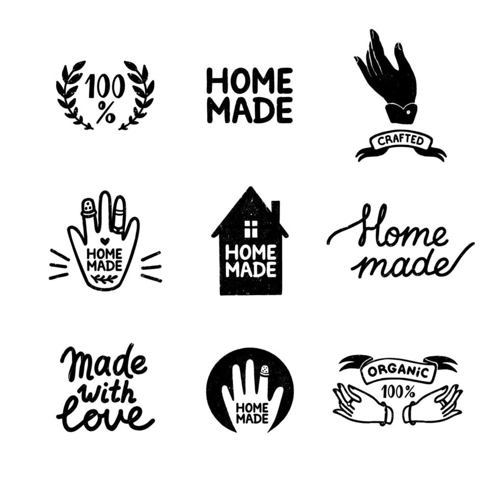 Conjunto de logotipos de sellos caseros: íconos antiguos en estilo de sello, letras caseras con lindas siluetas de casa y manos. ilustración de vector vintage para diseño de banner y etiqueta.