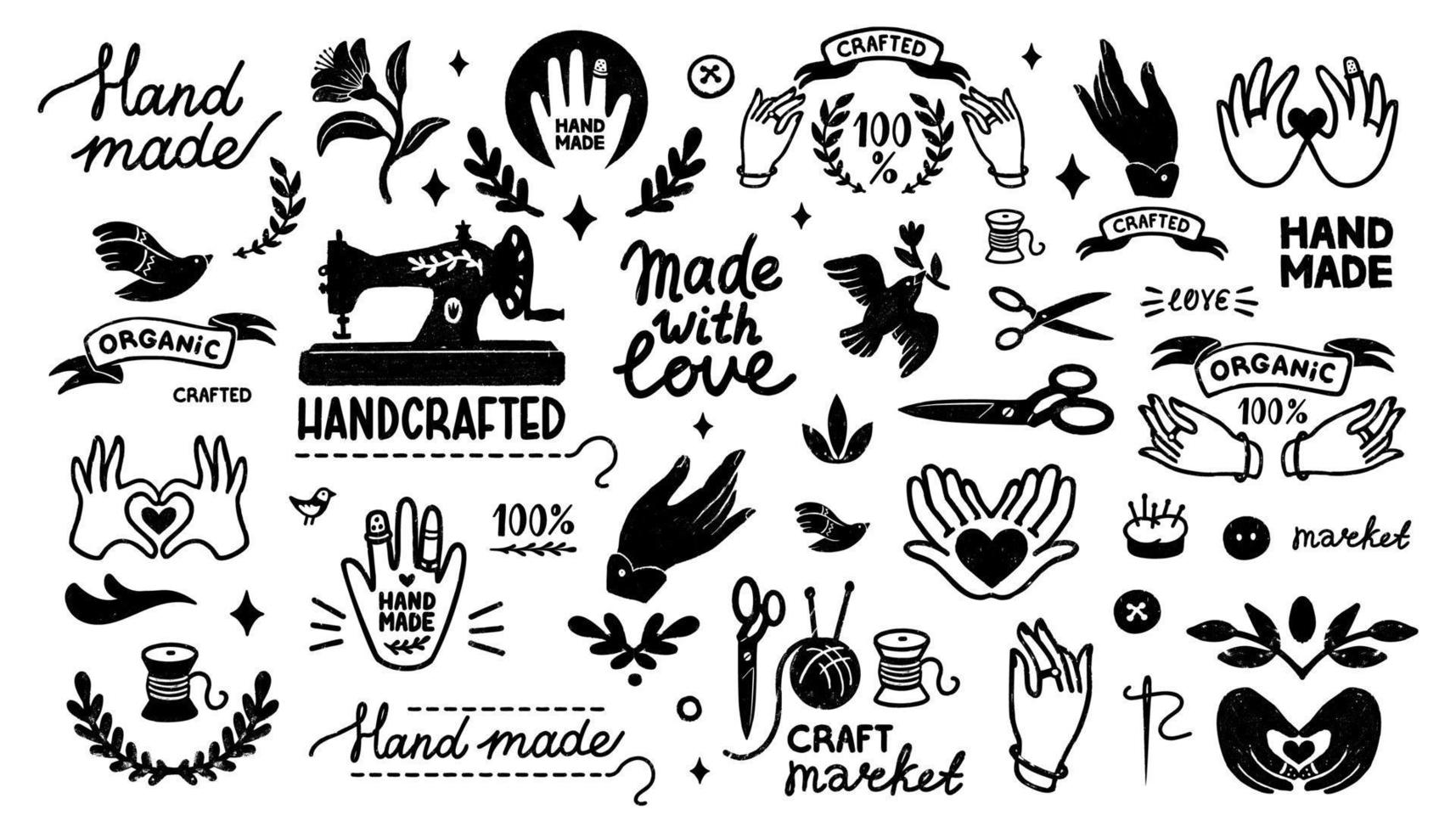 Handmade vector icons set - vintage elements in stamp style and home made letterings. Vintage vector illustration for banner and label design.