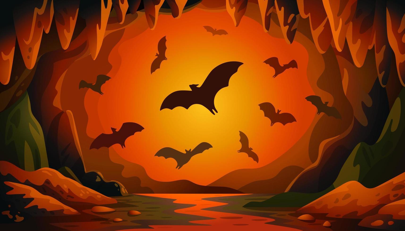 Cave with bats on sunset. Panoramic vector landscape with flying bats and red firelight. Vector illustration in flat cartoon style.