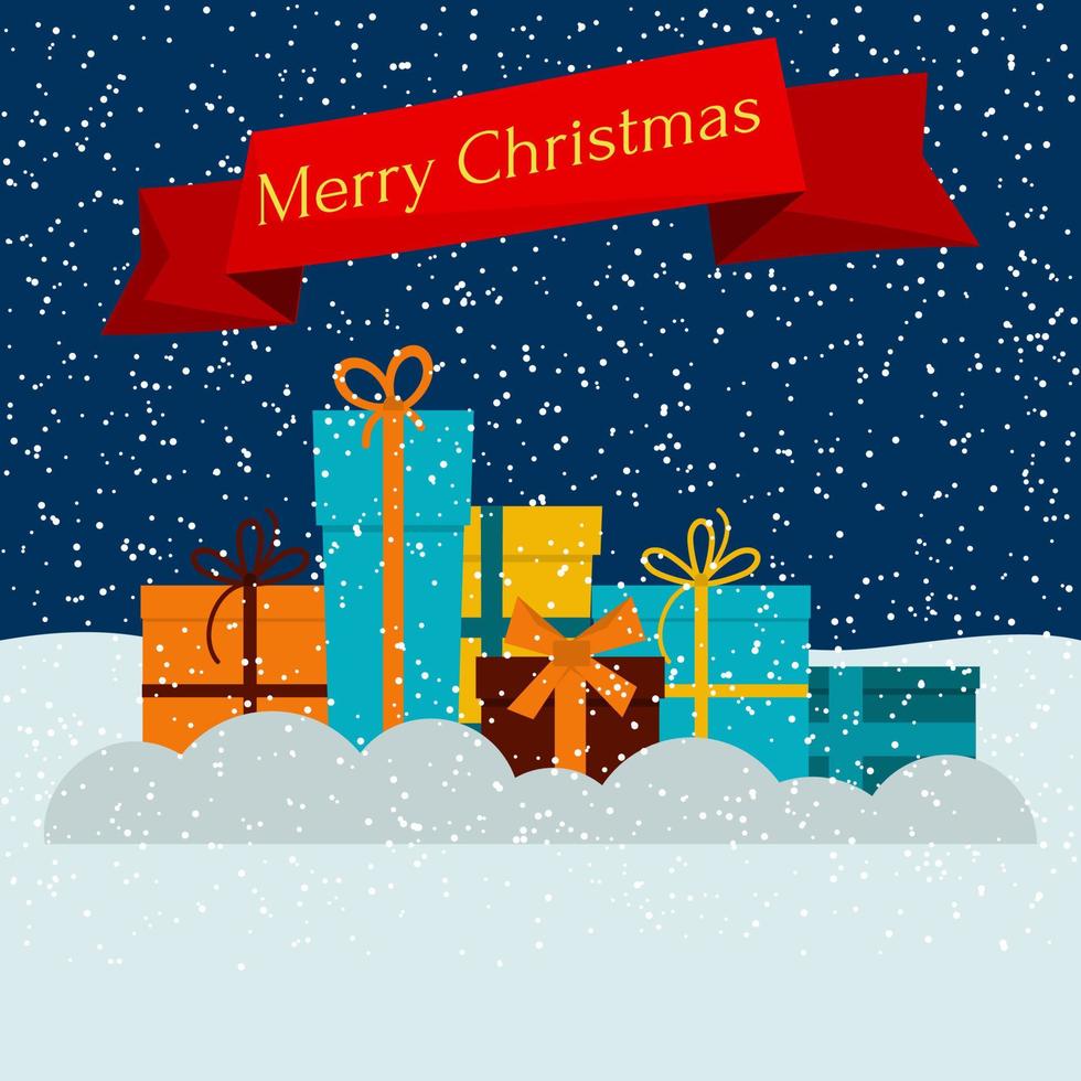 Gift boxes on snow and falling snow and a red ribbon with the inscription Happy Christmas. Vector illustration.