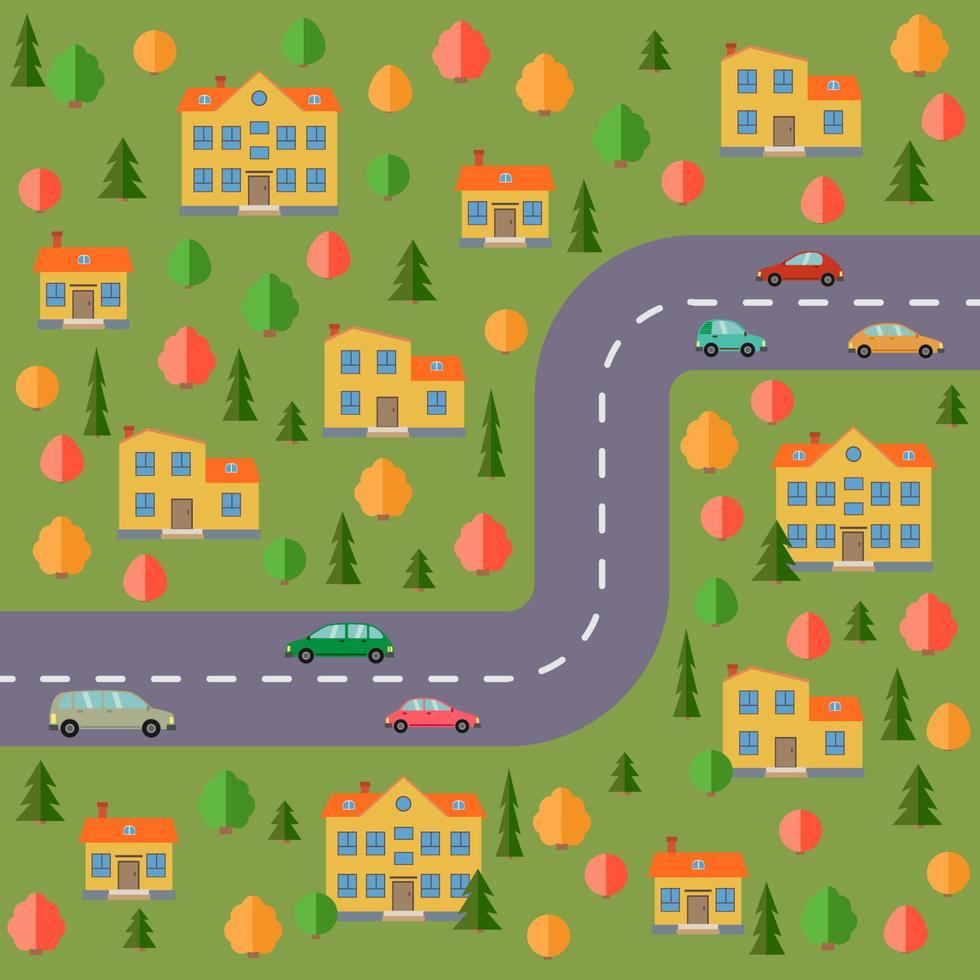 Plan of village. Landscape with the road, forest, cars and houses. Vector illustration