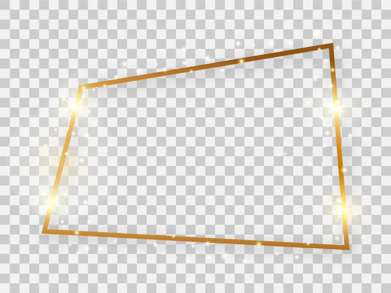 Gold shiny rectangular frame with glowing effects and shadows on transparent background. Vector illustration