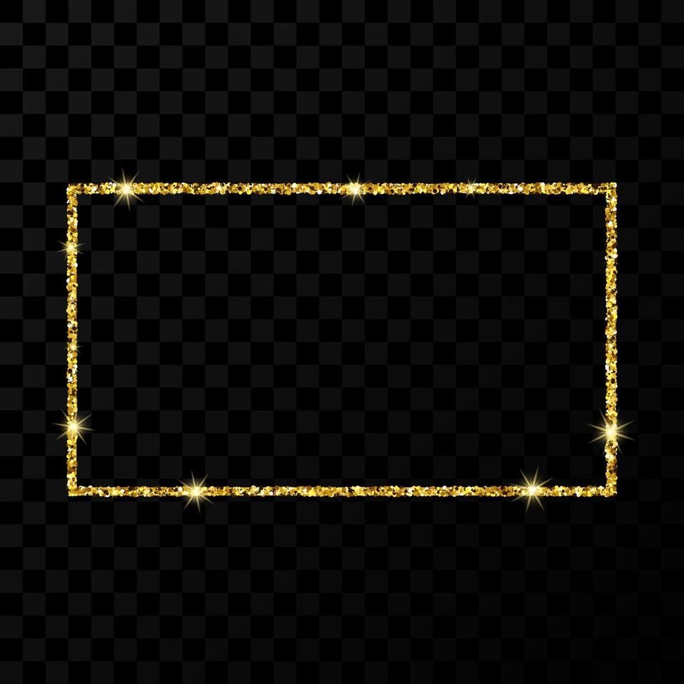 Gold glitter frame. Rectangle vertical frame with shiny stars and sparkles on dark transparent background. Vector illustration