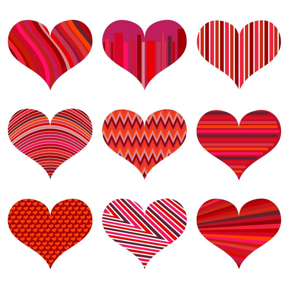 conjunto de diferentes corazones rojos. nueve corazones aislados en un fondo blanco. símbolo de amor. elementos para la plantilla de boda. vector