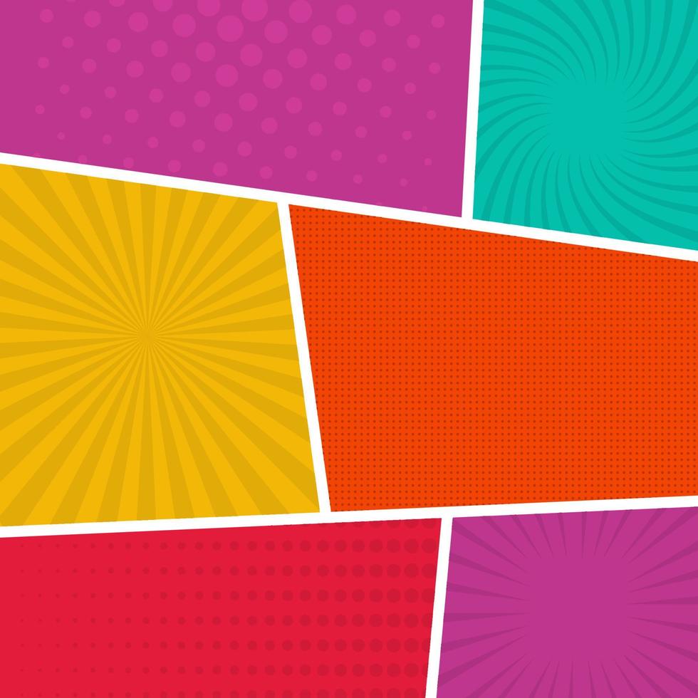 Colorful comic book page background in pop art style. Empty template with rays and dots pattern. Vector illustration