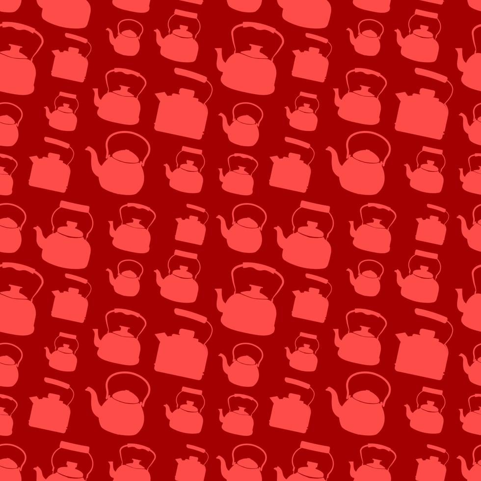 Seamless Red Pattern with Kettle. Vector background with different teapots. Endless kitchen texture.