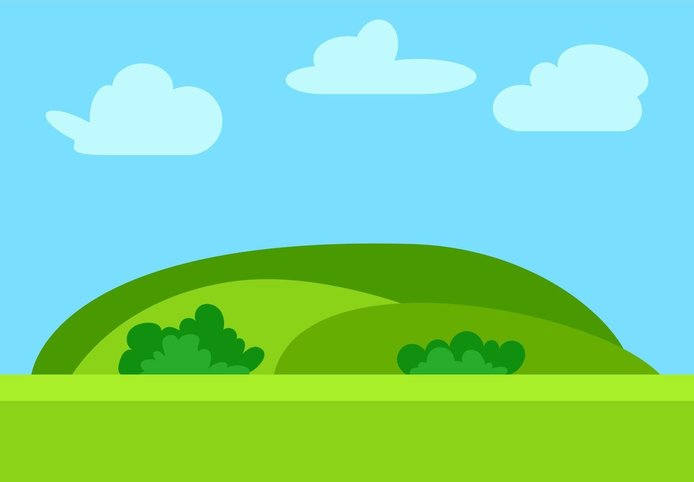 Natural cartoon landscape in the flat style with green hills, blue sky and clouds at sunny day. Vector illustration