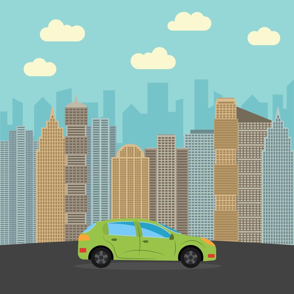 Green car in the city. Automobile on a background of skyscrapers on a sunny day. Vector illustration.