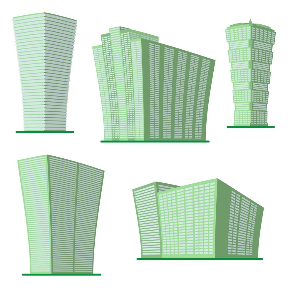 Set of five modern high-rise building on a white background. View of the building from the bottom. Isometric vector illustration.