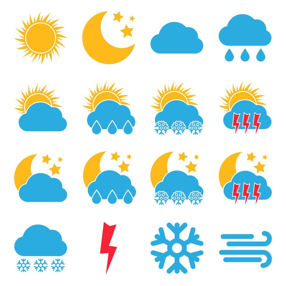 Set of sixteen Weather Icons. Multicolored icons for different weather conditions. Vector illustration.