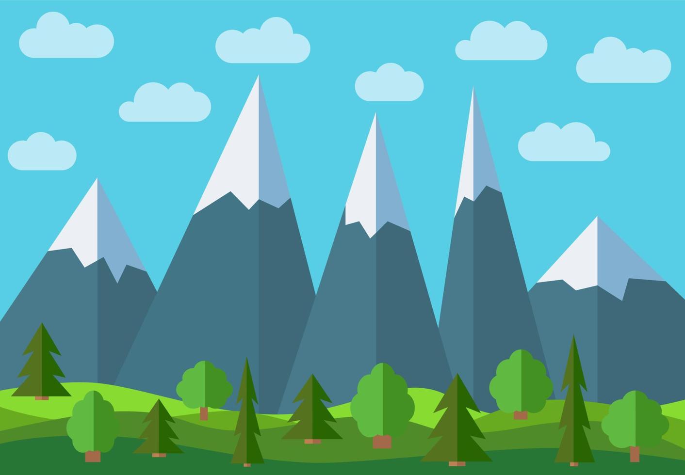 paisaje de dibujos animados de montaña panorámica vectorial. paisaje natural de estilo plano con cielo azul, nubes, árboles, colinas y montañas con nieve en los picos. vector