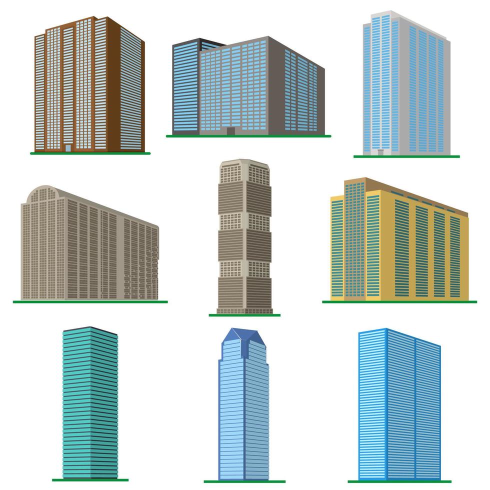 conjunto de nueve edificios modernos de gran altura sobre un fondo blanco. vista del edificio desde abajo. ilustración vectorial isométrica. vector