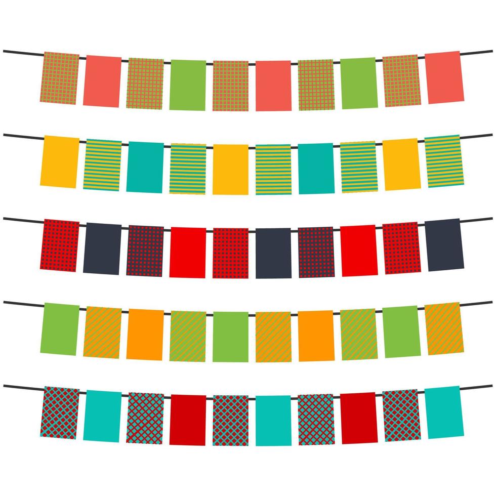 Colorful flags and bunting garlands for decoration. Decor elements with