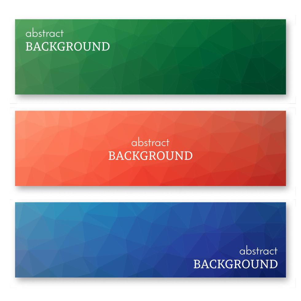 Set of three multi colored banners in low poly art style. Background with place for your text. Vector illustration