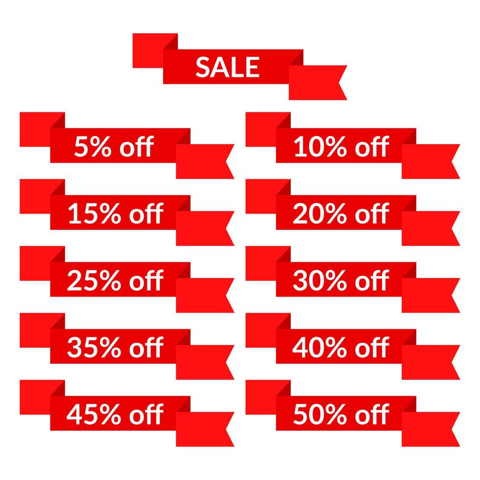 Set of red sale ribbons with different discount values. Sale label template. Vector illustration