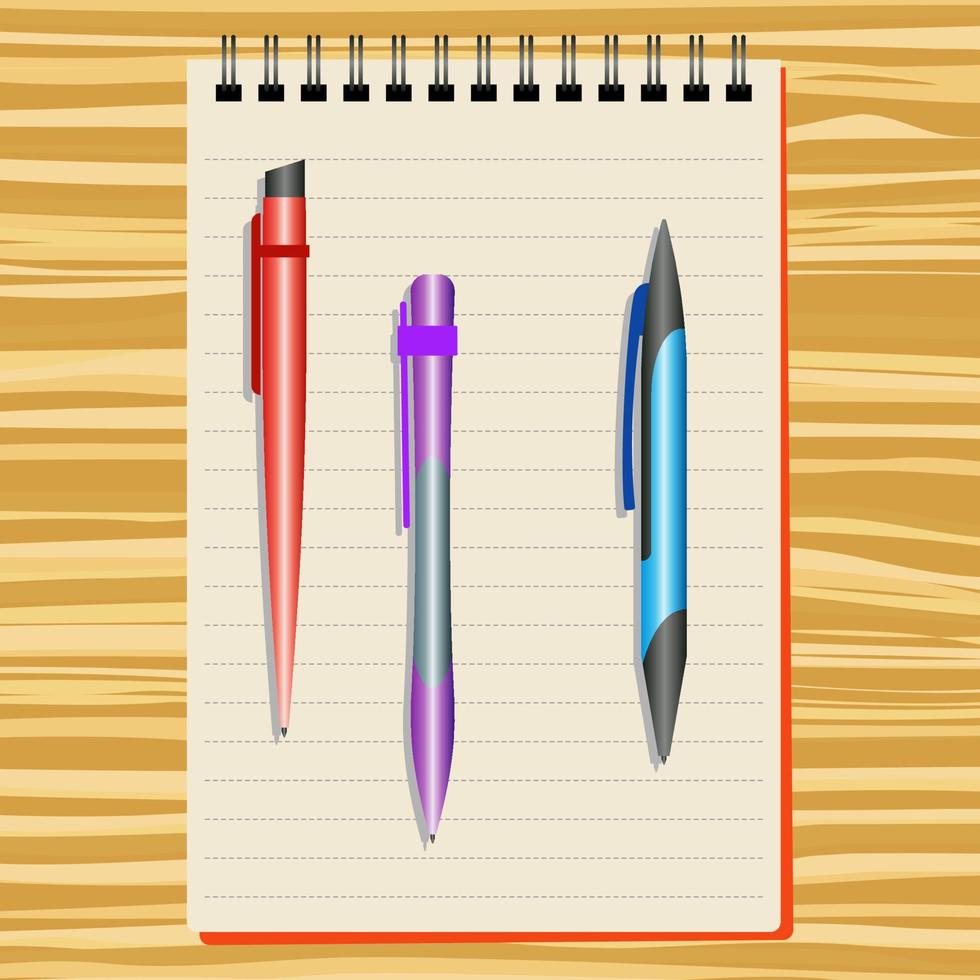 Notebook, red pen, purple pen and blue pen on a wooden table vector