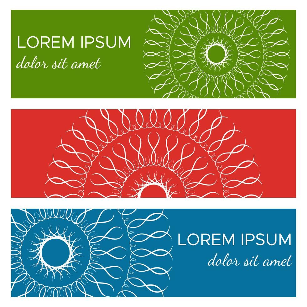 Set of abstract horizontal header banners with geometric circular elements and place for text. Colorful backgrounds for web design. Vector illustration