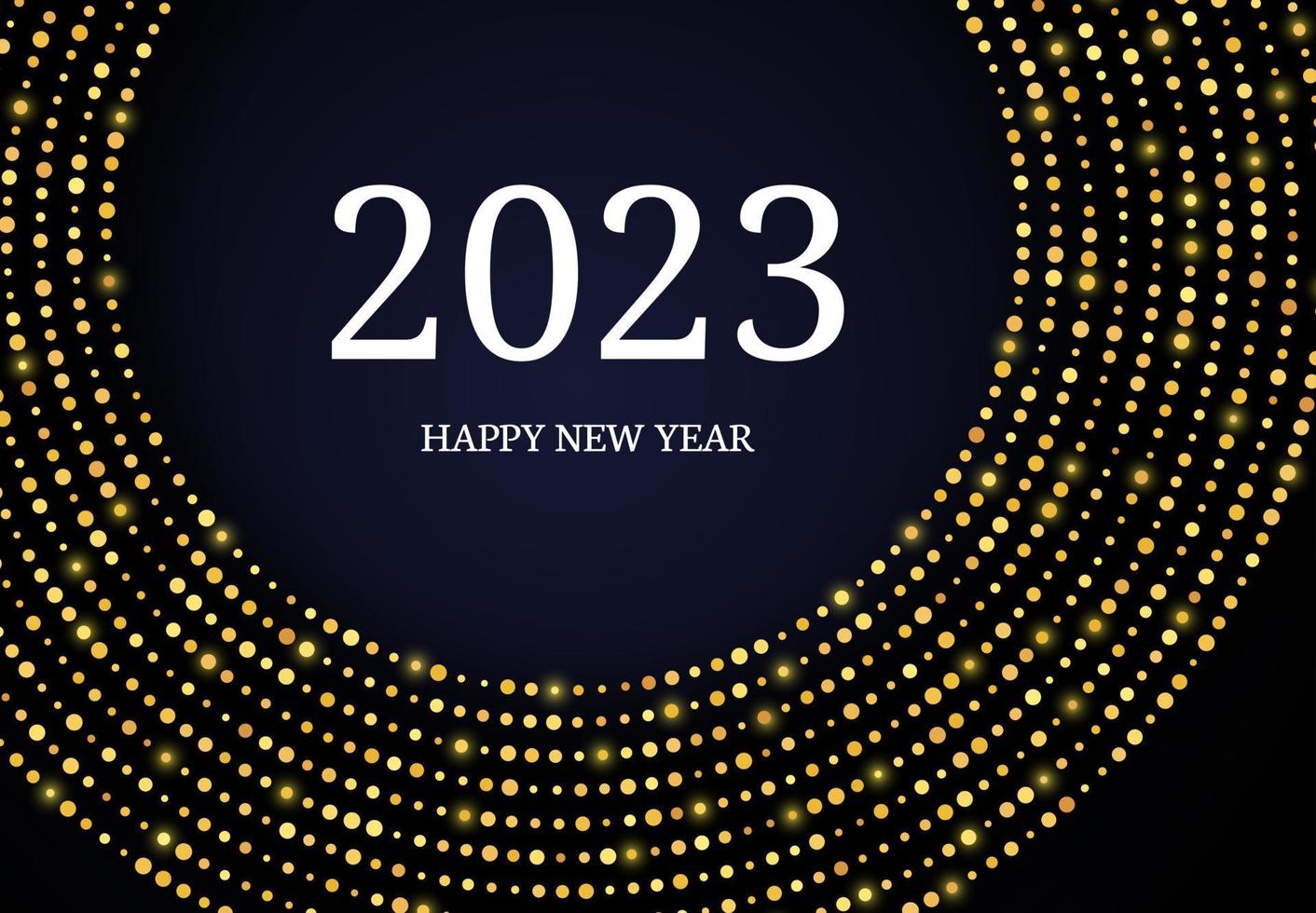 2023 Happy New Year of gold glitter pattern in circle form. Abstract gold glowing halftone dotted background for Christmas holiday greeting card on dark background. Vector illustration