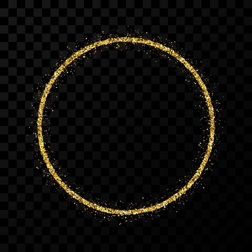 Gold glitter frame. Circle frame with shiny sparkles on dark transparent background. Vector illustration