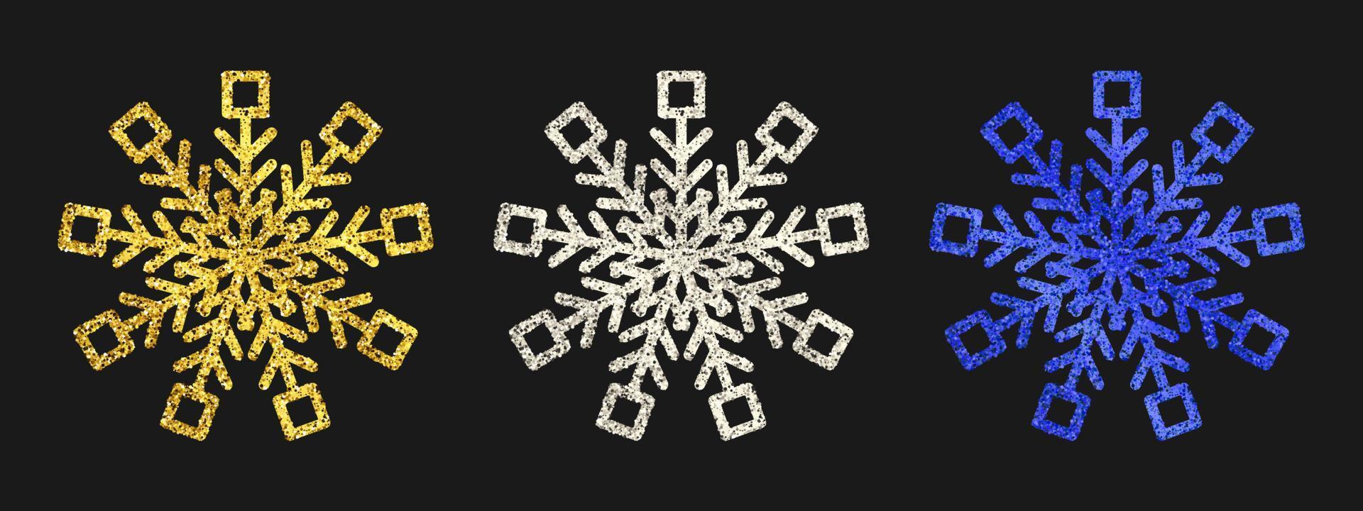 Glitter snowflakes on dark background. Set of three gold, silver and blue glitter snowflakes. Christmas and New Year decoration elements. Vector illustration.