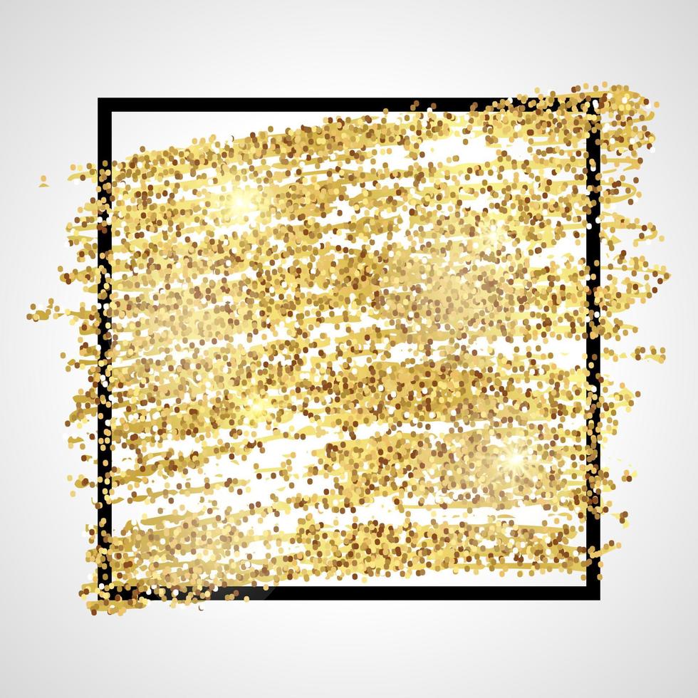 Golden Paint Glittering backdrop with black square frame on a white background. Background with gold sparkles and glitter effect. Empty space for your text. Vector illustration