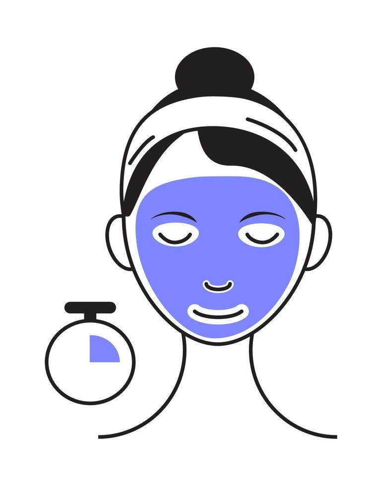 Facial mask sheet applying icon vector. Girl shows how to cleaning, whiting face and use cosmetic mask. Info-graphic in outline style illustration isolated vector