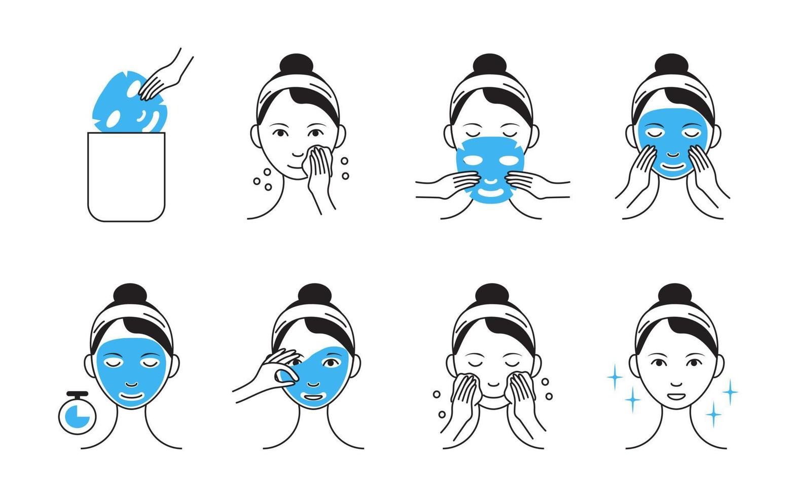 Facial mask sheet applying vector. Girl shows steps how to cleaning, whiting face and use cosmetic mask. Info-graphic in outline style illustration vector