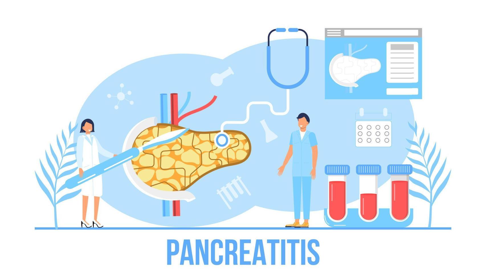 Pancreatitis concept vector. Pancreas doctors examine. Tiny therapist looks through a magnifying glass at internal organ. Health care concept in flat style for landing page, website vector