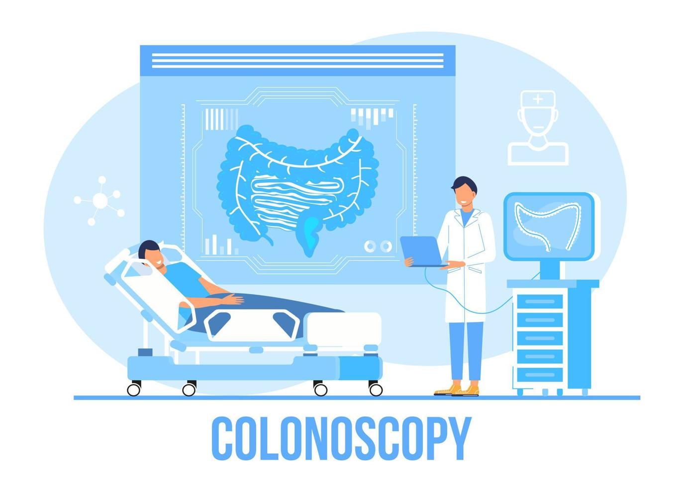 Colonoscopy concept vector for medical web. app. blog. Intestine doctors examine, treat dysbiosis. Tiny therapist of proctology make colonoscopy. Proctologist.