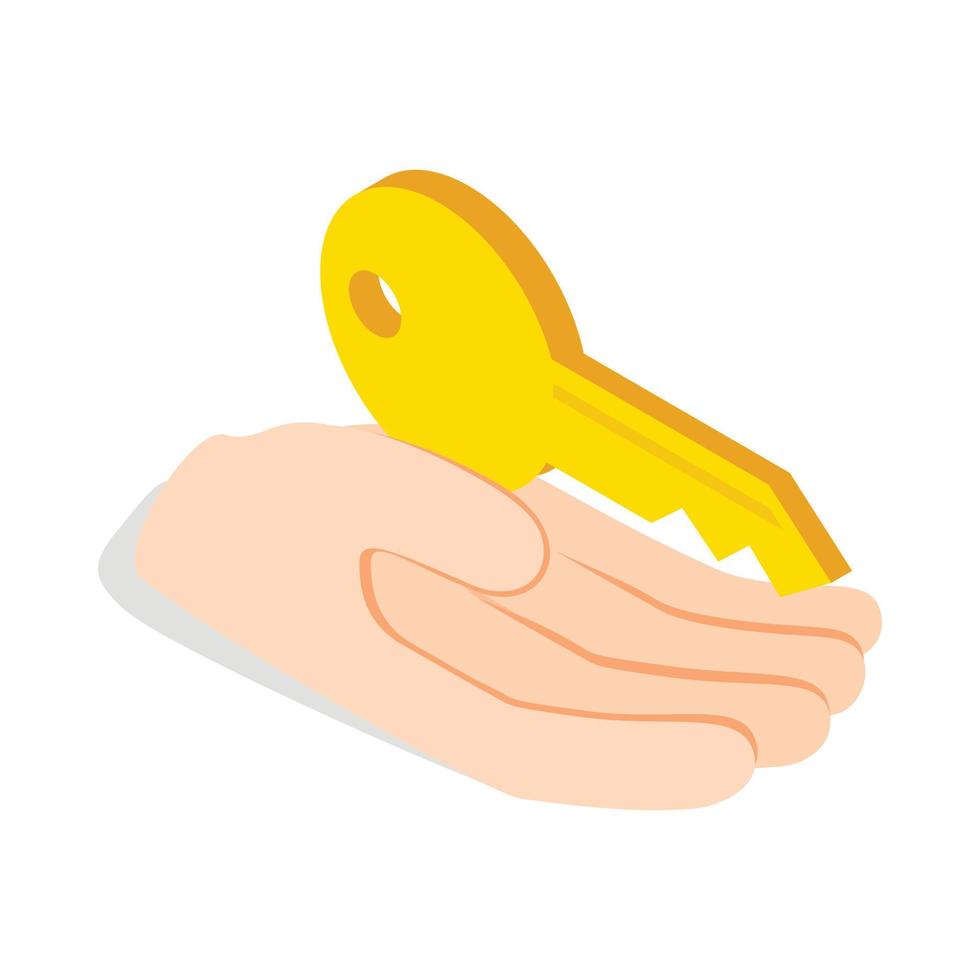 Hand holds key icon, isometric 3d style vector