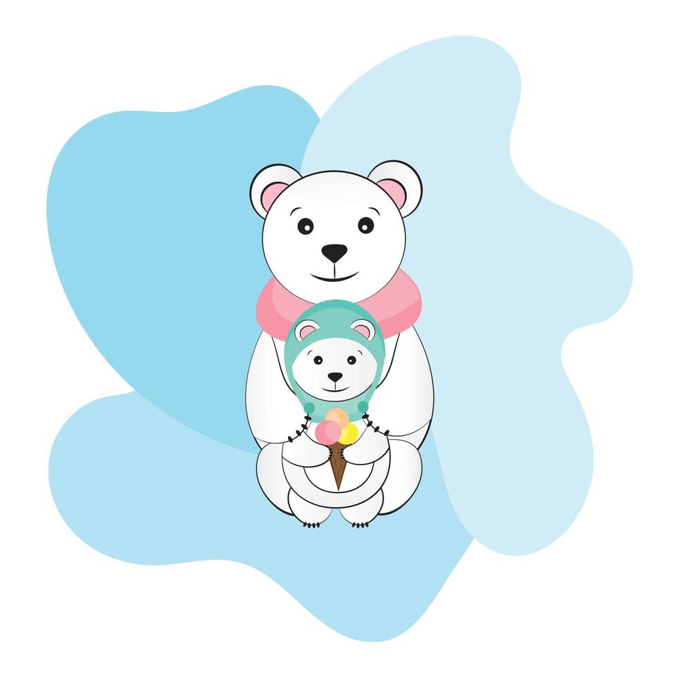 Greeting Card with Polar bear family. Mother bear cuddling her cub. vector