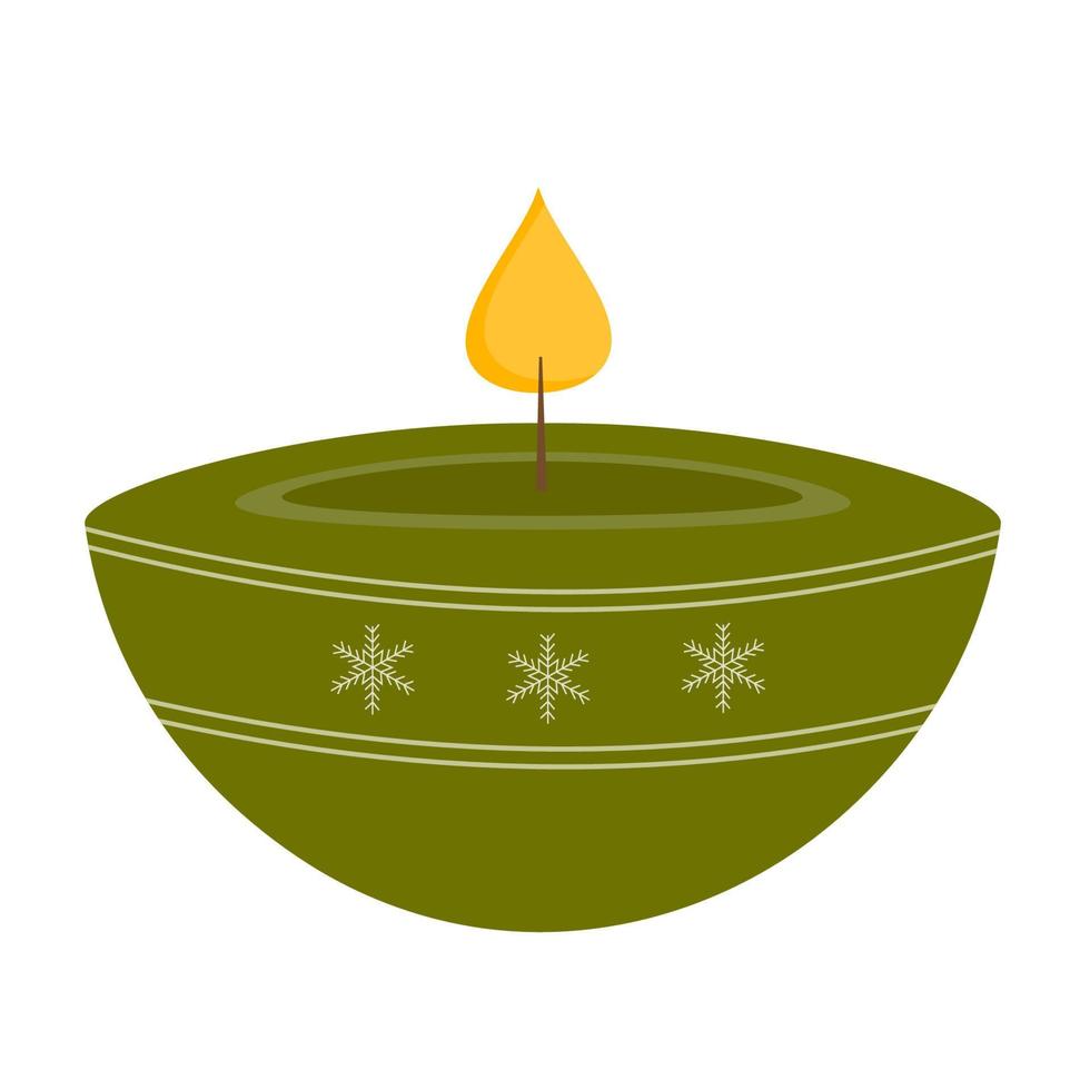 Christmas candle with winter decoration. Burning fire in candle. Holiday decor, home comfort. Hyuge style. For card, sticker, invitation. vector