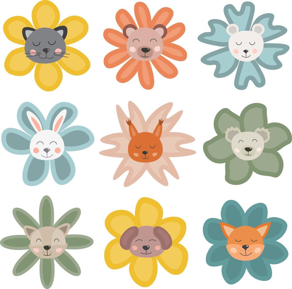 colección de animales de vivero de garabatos. lindos animales en forma de flores. estilo escandinavo dibujado a mano para baby shower, fiesta infantil, habitación de bebé, invitaciones para niños, carteles. vector