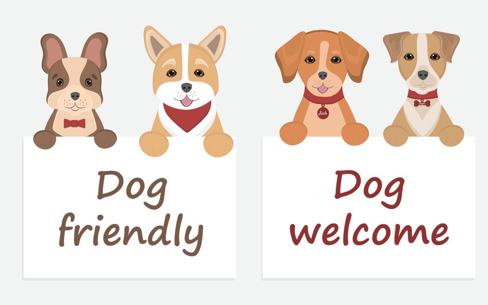 Dog label or sticker with pet friendly text. Vet clinic, shop label, sticker, template. Pets allowed public places. Cute corgi, jack russell terrier, french bulldog hold a sign dog friendly. vector