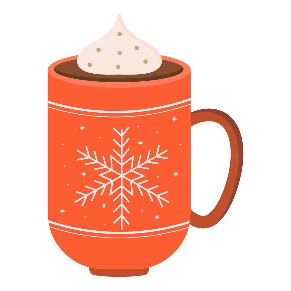 Cute winter mug with hot drinks cocoa, coffee, cappuccino, decor and cream. Christmas holiday coffee cup for card, sticker, invitation. vector