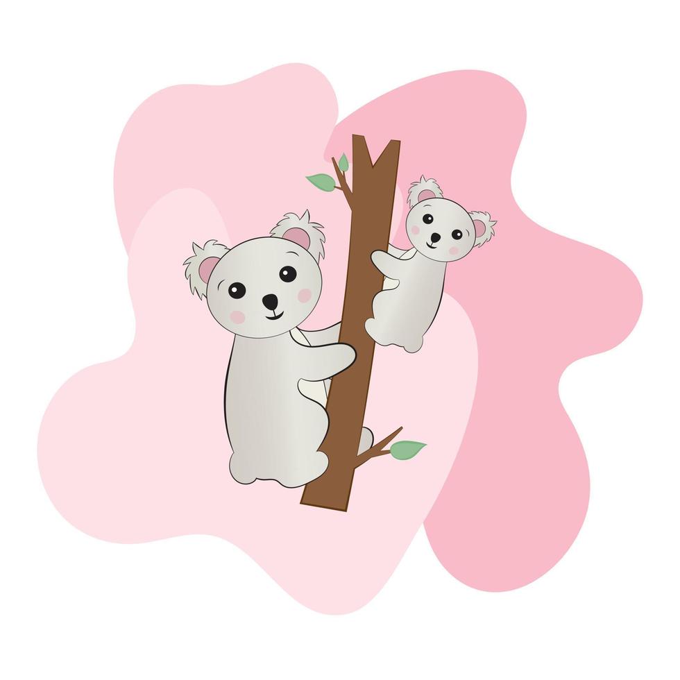 mamá koala en el árbol con su bebé. madre y yo feliz postal de caligrafía del día de la madre. la ilustración se puede utilizar para un afiche, decoración infantil, invitación a una fiesta. vector