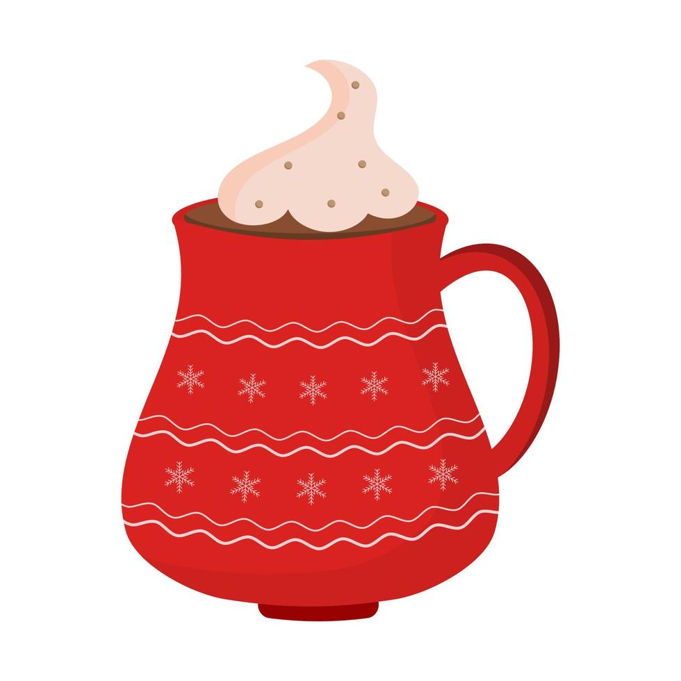 Cute winter mug with hot drinks cocoa, coffee, cappuccino, decor and cream. Christmas holiday coffee cup for card, sticker, invitation. vector