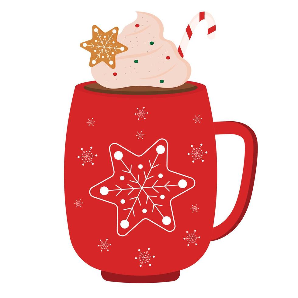 Red mug of coffee with cream and ginger cookie. vector
