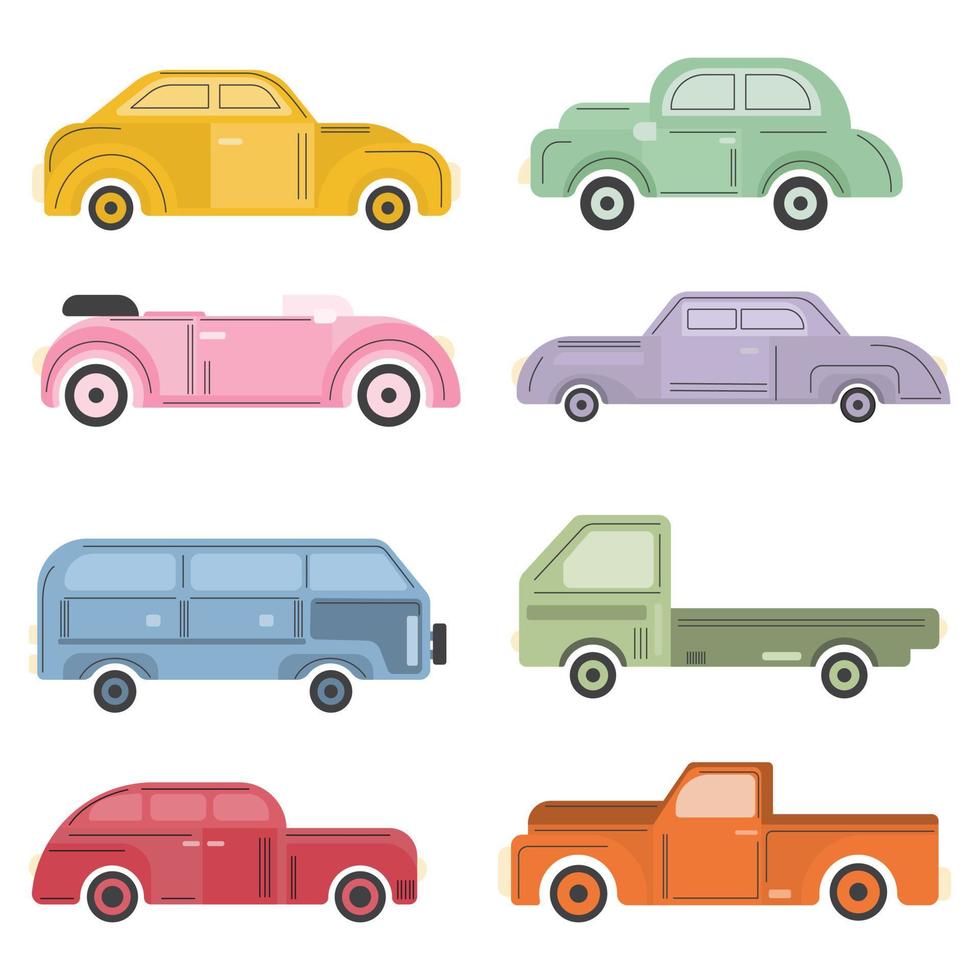 conjunto de autos planos en un lindo estilo vectorial dibujado a mano. taxi y minibús, descapotable y pickup. coches y vehículos urbanos vector iconos planos. convertible y camión, coche y coche retro, iconos modernos.