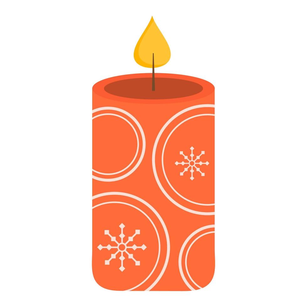 vela de navidad con decoración de invierno. fuego ardiente en vela. decoración navideña, comodidad en el hogar. estilo hyuge. para tarjeta, pegatina, invitación. vector