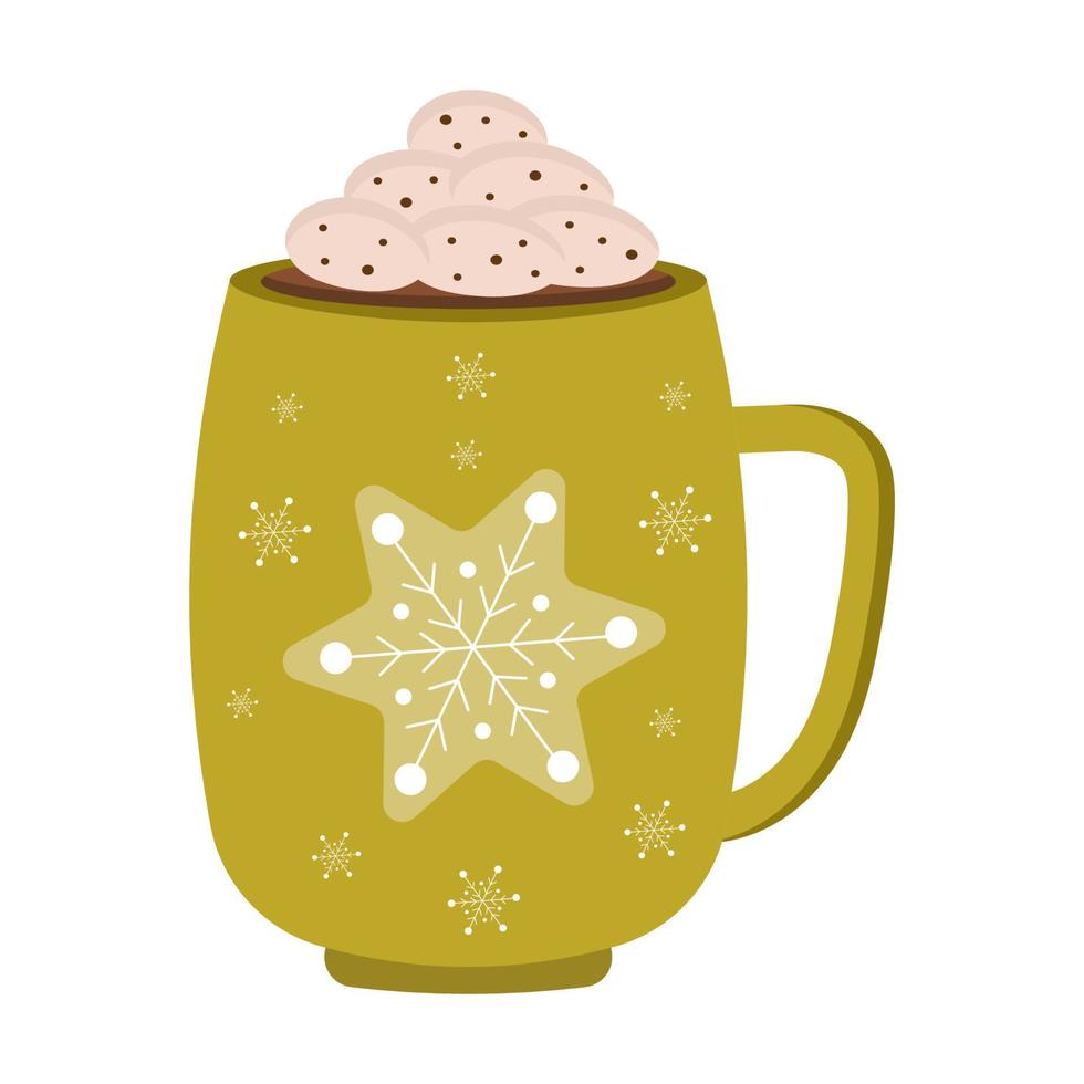 linda taza de invierno con bebidas calientes cacao, café, capuchino, decoración y crema. taza de café navideña para tarjeta, pegatina, invitación. vector