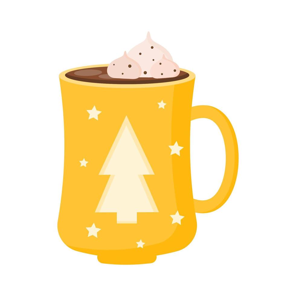 Cute winter mug with hot drinks cocoa, coffee, cappuccino, decor and cream. Christmas holiday coffee cup for card, sticker, invitation. vector