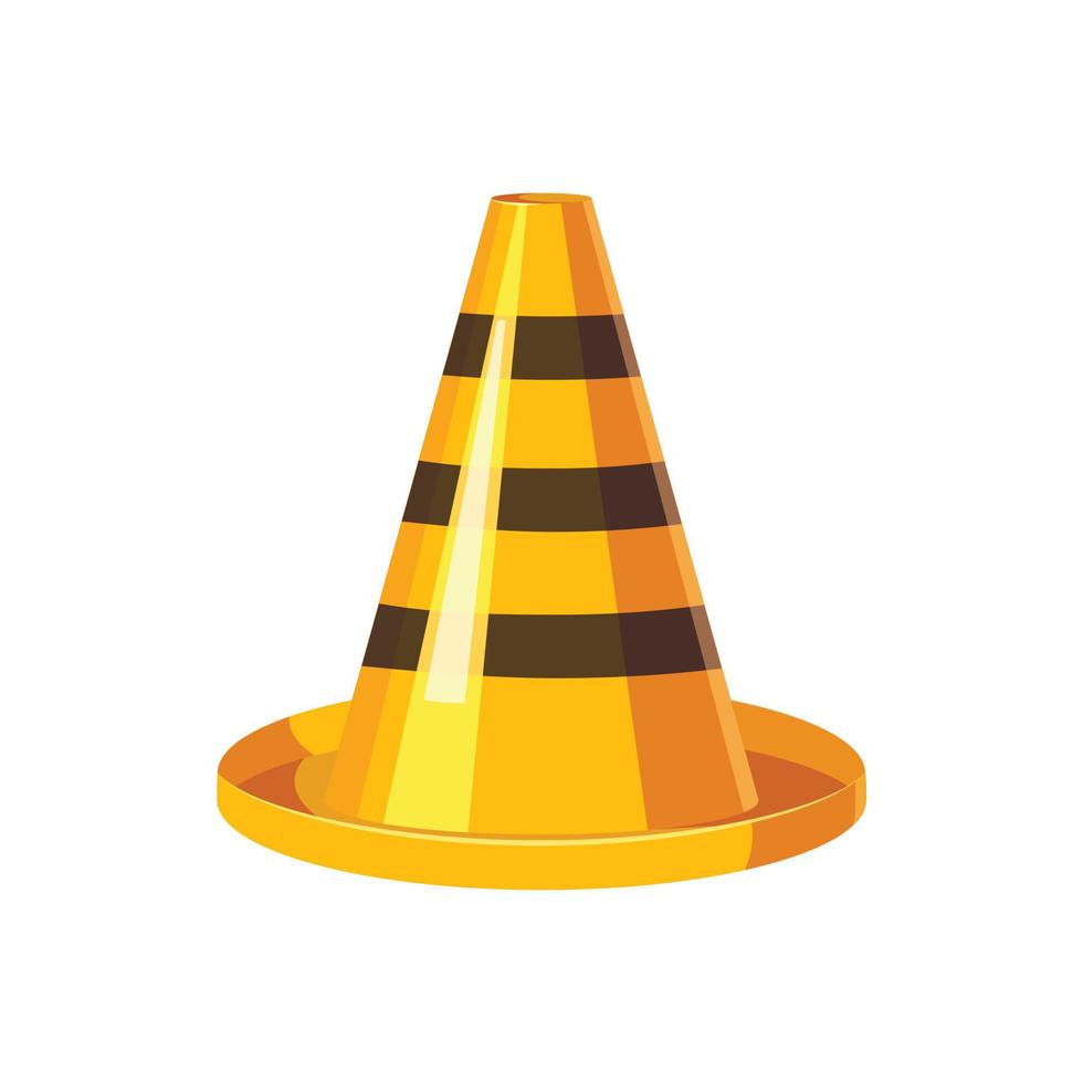 Yellow and black traffic cone icon, cartoon style vector