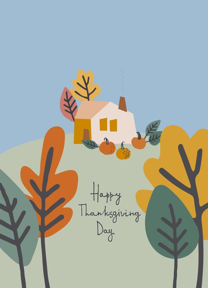 Happy Thanksgiving cards set design. Hand-lettered greeting phrase, decoration with pumpkins, leaves, berries, oak acorns on light-blue background vector